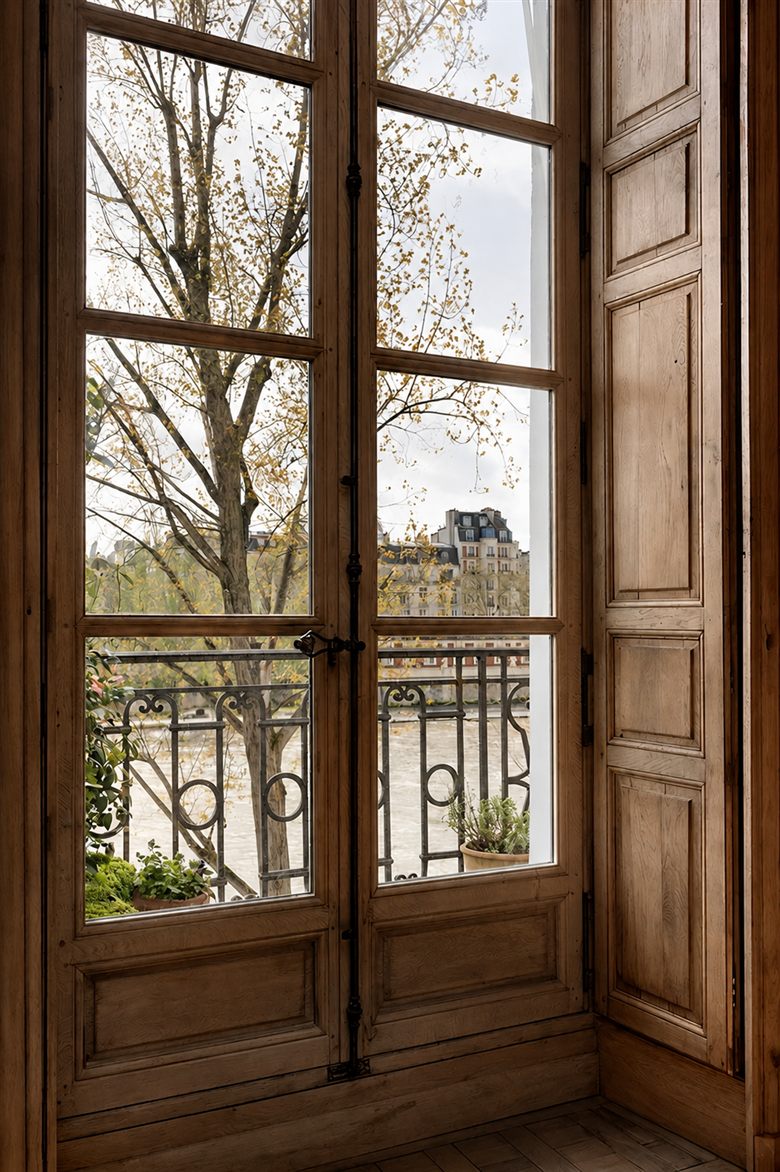 Porte-fenêtre en bois ancien donnant sur la Seine et un immeuble haussmannien — vue parisienne emblématique depuis un appartement de prestige