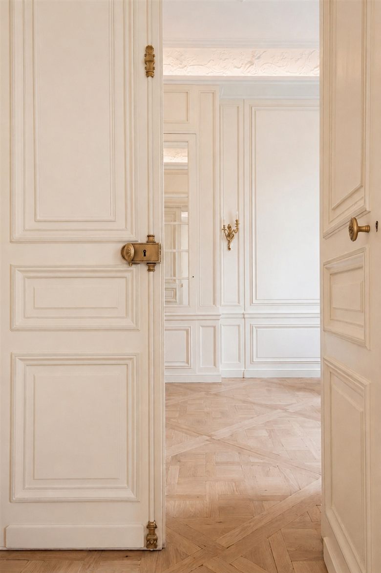 Porte boisée ouverte sur un séjour haussmannien avec parquet point de Hongrie et applique dorée — élégance classique de l'appartement parisien