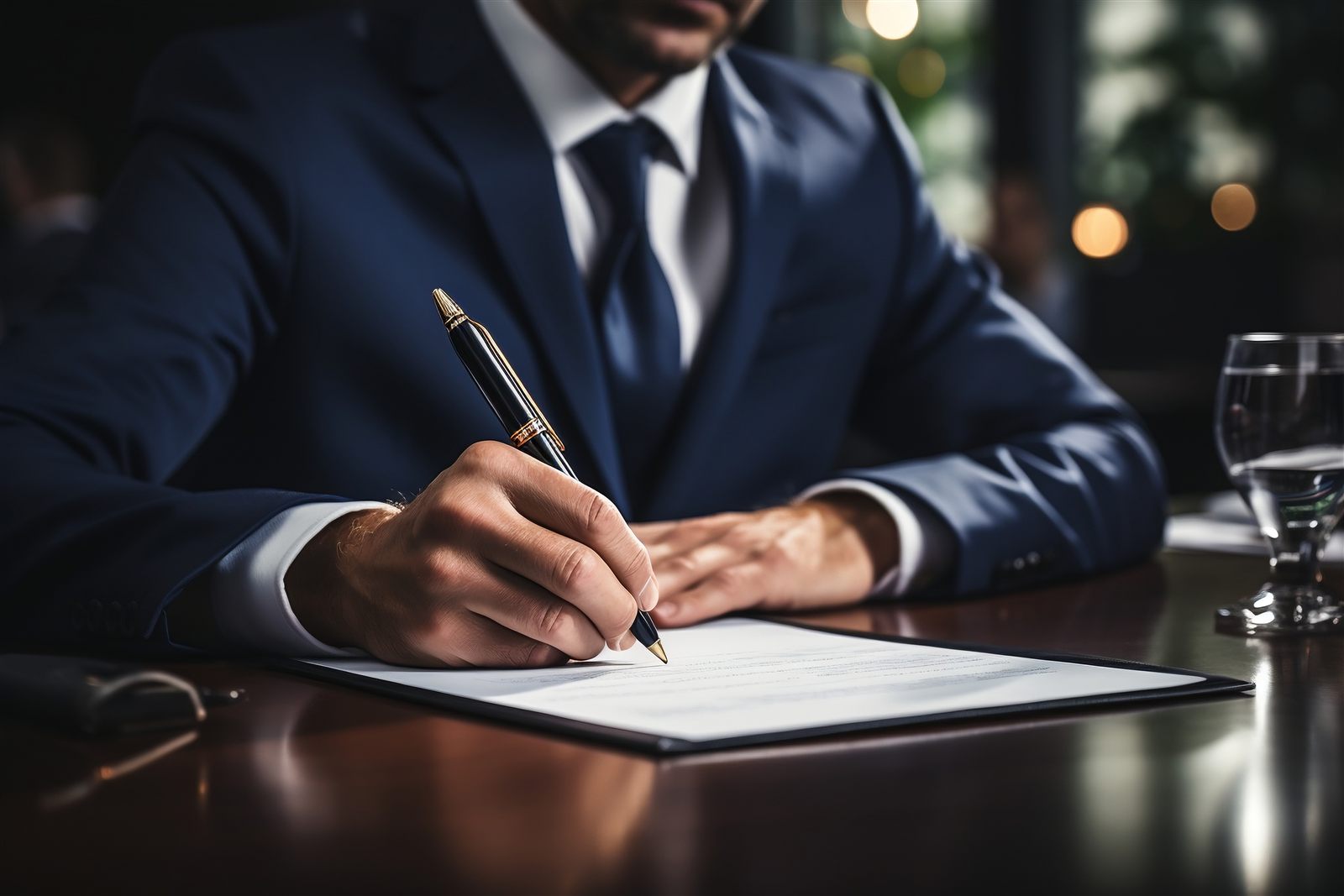 Dirigeant signant un contrat d'investissement en private equity — closing d'une opération de capital investissement