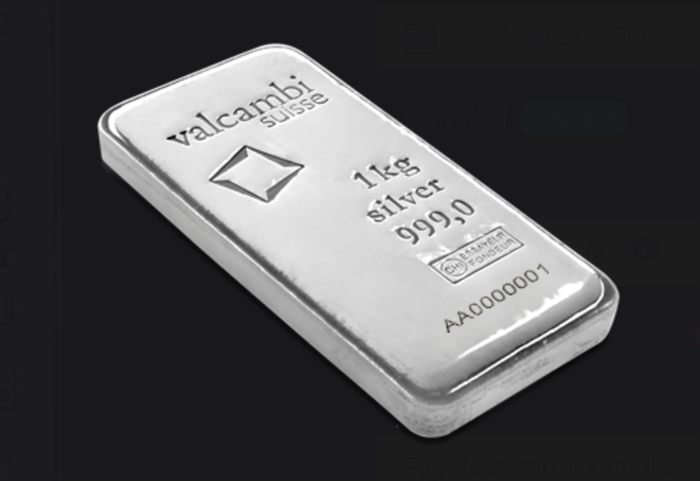 Lingot d'argent Valcambi Suisse 1 kg 999,0 avec numéro de série gravé