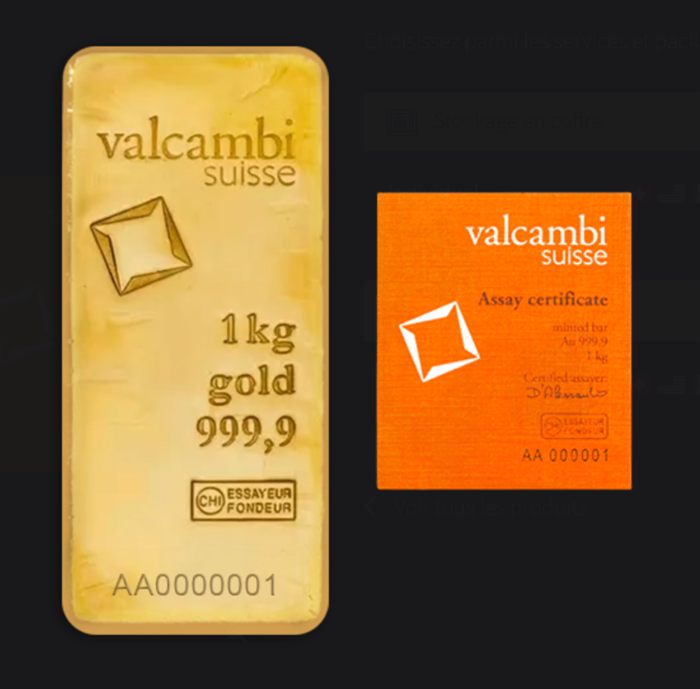 Lingot d'or Valcambi Suisse 1 kg 999,9 et son certificat d'essayeur